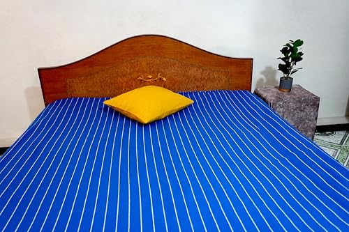 Image of 400 TC Handloom Traditional Cotton Bed Sheet for Single Bed Cover Premium Sustainable Fabric 100% Cotton Multicolor, Striped Pattern Traditional Design (60X90, Blue) Without pillowcovers