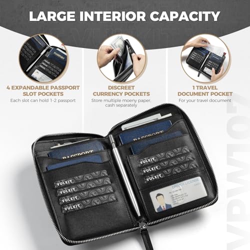 VULKIT Leather Passport Holder for 4-8 Passports Family Passport Wallet with Zipper Travel Documents Organizer for Men or Women(Black)2