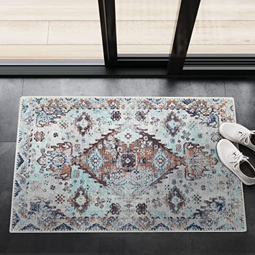 Adiva Rugs Machine Washable Area Rug with Non Slip Backing for Living Room, Bedroom, Bathroom, Kitchen, Printed Persian Vintage Home Decor, Floor Decoration Carpet Mat (Multi/Blue, 2' x 3')
