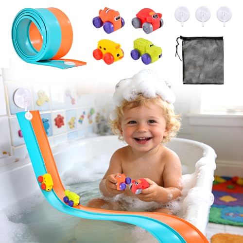 Race Car Bath Toy Set Flexible Race Track with 4 Cars and Suction Cup Flex Car Track Bathtub Toys DIY Cars Bath Toys Gifts for Boys Girls Ages 3+