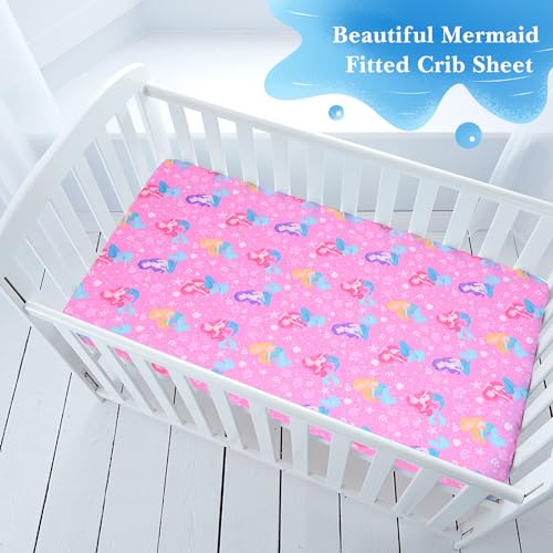 Image of Mermaid Fitted Crib Sheet - 100% Hypoallergenic Microfiber, 52 inch x 28 inch Crib Mattress Sheet, Ultra-Soft & Breathable Baby Bedding with Enchanting Mermaid Design, Pink