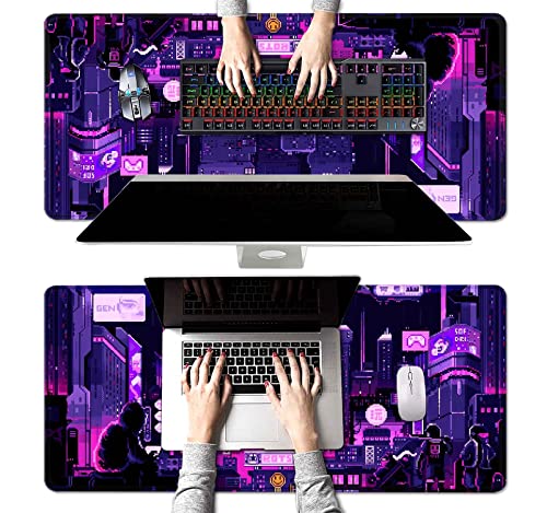 Image of Retro Vaporwave Large Mouse Pad for Desk, Neon Tokyo Street Pixel Art Desk Pad, Purple Japanese Anime Gaming Mouse Pad XXL, Skyline City Desk Mat, 35.4 x 15.7 in