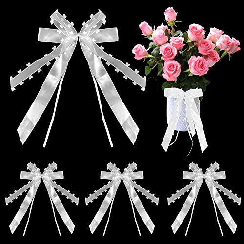 Gvolatee 30 Piezas 25x12 CM Lazos Decoracion para Coche de Boda, Lazo de decoración con corazón y Cintas para Bodas Arcos, Ramo de Novia, Envoltorio de Regalo, Fiestas, Color Blanco