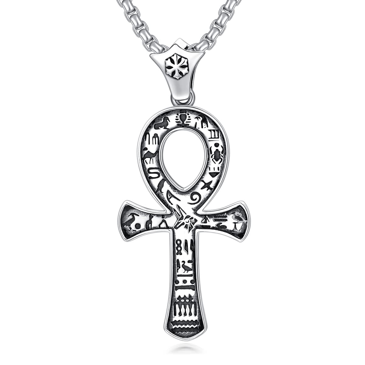 Cross Necklace 925 Sterling Silver Crucifix Pendant Ankh Jewelry for Men Women with 2mm 22"+2" Rolo Chain (with Gift Box)