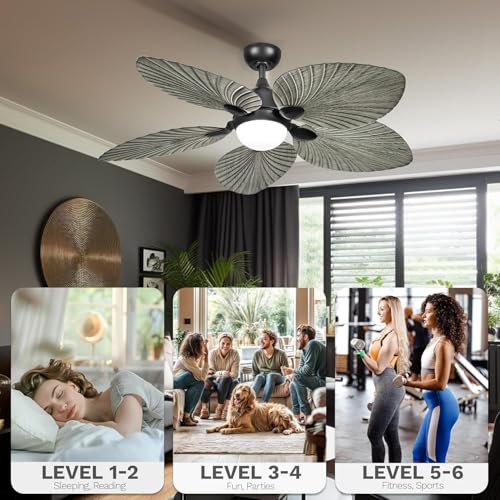DWVO 52" Indoor Ceiling Fan with Light Kit & Remote - Tropical Palm Leaf Blades, Reversible Quiet DC Motor, 6-Speed Settings for Bedroom, Living Room, Dining Room