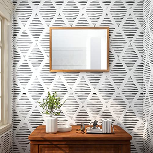 Zbskj Black And White Peel And Stick Wallpaper 17.7” X 118” Modern Diamond Wall Paper Boho Geometric Removable Contact Paper Peel And Stick For Bathroom #TOP2