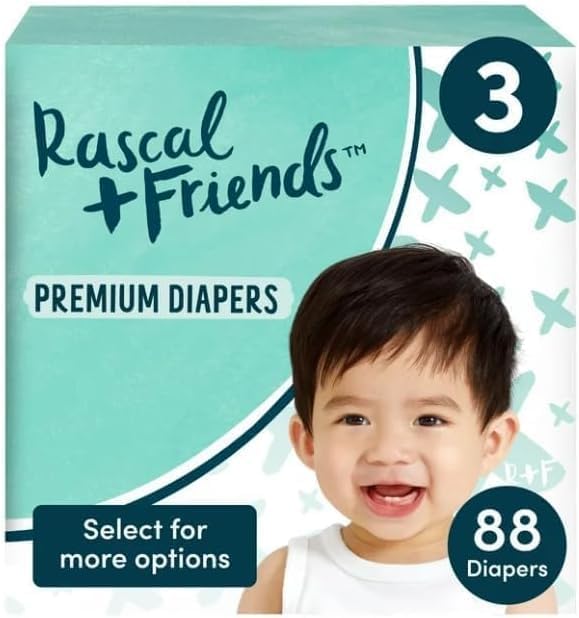 Rascal + Friends Premium Diapers Size 3, 88 Count,1 Pack, Green,White