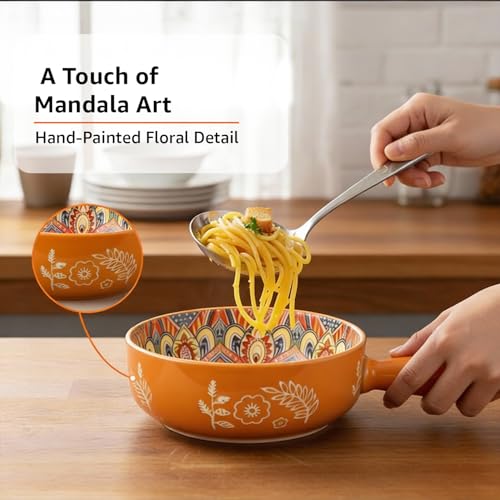 Image of Amazon Basics Mandala Ceramic Snack Bowl with Handle (600 ml) - Microwave & Dishwasher Safe Serving Bowl - Ideal for Soup, Curries, Salad & Noodles (Yellow)