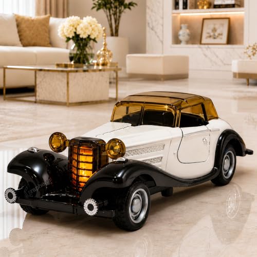Image of GRAPHENE 1:32 Metal Diecast Vintage Toy Car Pull Back Action Light Sound Openable Doors Miniture Antique Retro Classic Model Car for Kids Toddlers Car Decorative Item Birthday Gift 3+Boys (White)