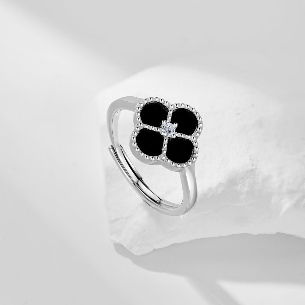 Adjustable Four Leaf Clover Rings for Women • Mother of Pearl White/Onyx Black Lucky Clover Rings • Jewelry Gifts for Girlfriend 925 Sterling Silver Opening Rings