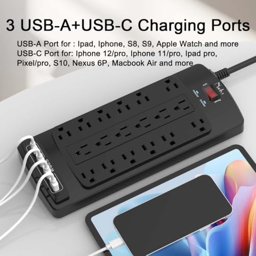 Image of 18 Outlets Surge Protector Power Strip - Nuetsa 10 Feet Flat Plug Heavy Duty Extension Cord with 18 Widely Outlets and 4 USB Ports, 2100 Joules, Black, ETL Listed