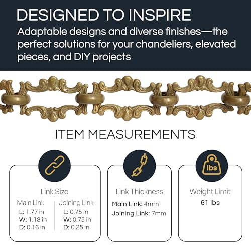 Image of RCH Hardware CH-02-AB-3 Decorative Antique Solid Brass Chain for Hanging, Lighting - Motif Welded Links (3 ft /1 Yard)