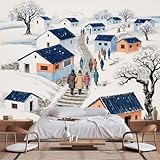 Peintures murales de taille personnalisable, encre traditionnelle d'Asie de l'Est et art couleur – Scène d'hiver de village rural enneigé avec des maisons d'escalier en pierre de villageois, papier
