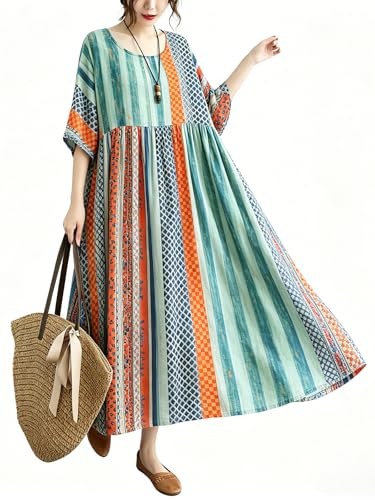 Image of Women Summer Dress with Pockets Plus Size Boho Floral Print Round Neck Loose Casual Flowy Dress