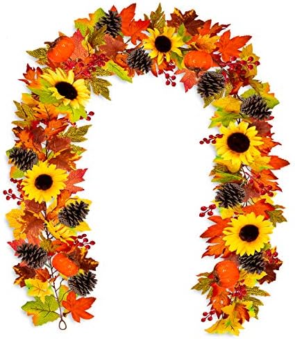 Whaline Autumn Decoration Artificial Fall Garland Maple Leaves Vine 6.23Ft Fake Sunflower Pumpkin with 2 Hooks Pine Cones Berries Hanging Decor for Thanksgiving Fireplace Door Yard Backdrop