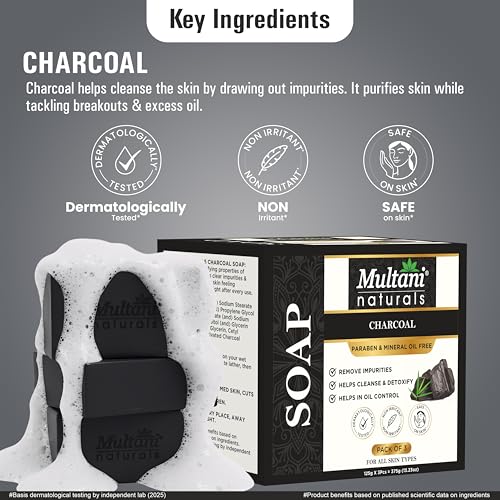 Image of Multani Natural Charcoal Soap For Oily Skin - 125 gm (Pack Of 3) | For Blackheads & Acne Prevention | For Deep Cleansing & Glow | Paraben Free | Clinically Tested | For All Skin Types | Glycerin Soap Bar For Men & Women