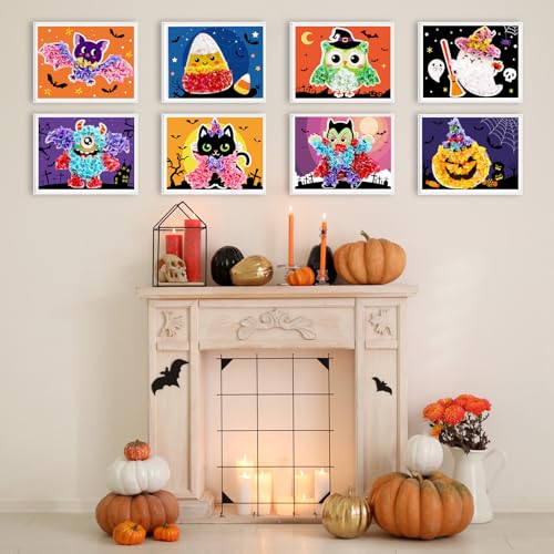 Image of Lonfliness 8PCS Poke Craft Kit Halloween No-Mess Fabric Sewing Art Puzzle Puncture Painting Bat Pumpkin Ghost Halloween Creative Activity Game Birthday Party Favors