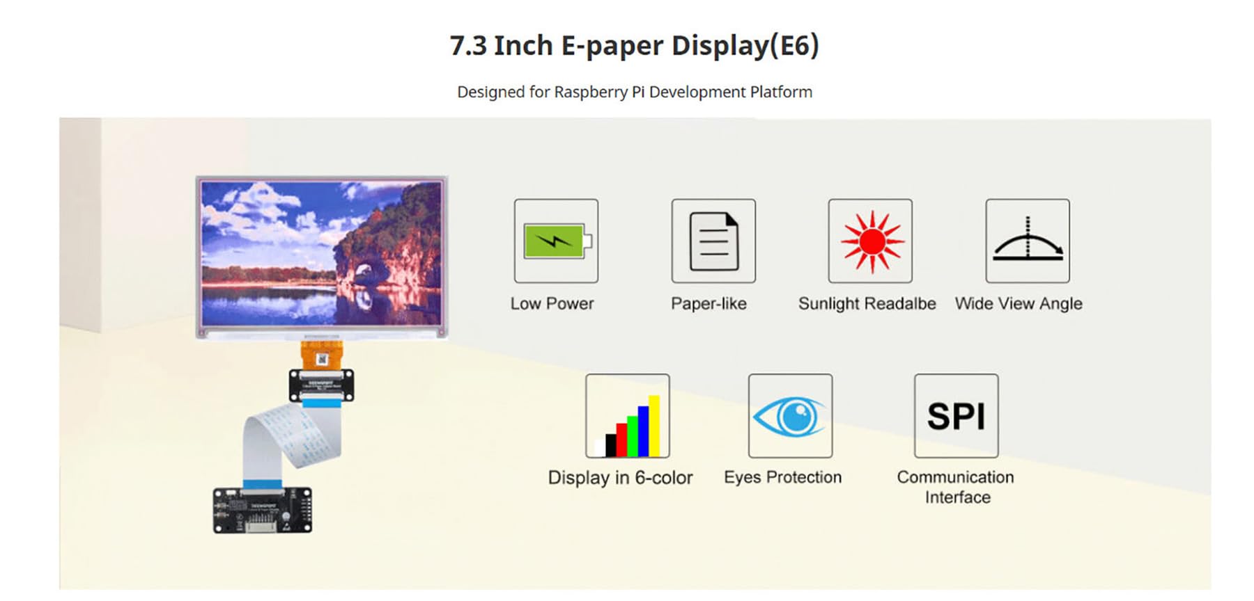7.3inch Full Color E-Ink Display, 800×480 Spectra 6 E-Paper Screen, Low Power, SPI Interface, for Raspberry Pi/Jetson Nano / STM32 / Arduino, with 40PIN GPIO and Driver HAT