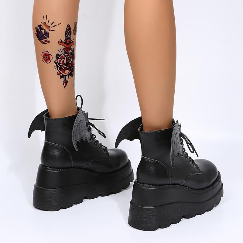 Image of Womens Goth Platform Boots Chunky High Heel Booties Round Toe Combat Ankle Boots Womens Lace Up Motorcycle Wedges Shoes
