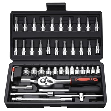 Foto di XxinXrong Set di 46 chiavi a bussola da 1/4 pollici, set di chiavi a bussola, con morsetto rapido e cricchetto reversibile per riparazione auto a casa