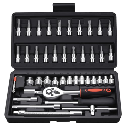 XxinXrong Juego de 46 llaves de vaso de 1/4 pulgadas, juego de llaves de vaso con abrazadera rápida y carraca reversible para reparación de coches en casa