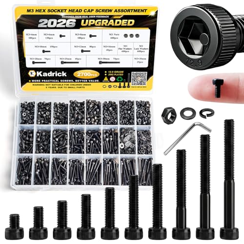 Image of Kadrick M3 Screws Kit 2700PCS (900 Screws), Full Kit with Nuts, Washers & Hex Wrench, Optimized Size Distribution, Class 12.9, Black Zinc Plated M3 Bolts for 3D Printing, DIY, RC & Robotics