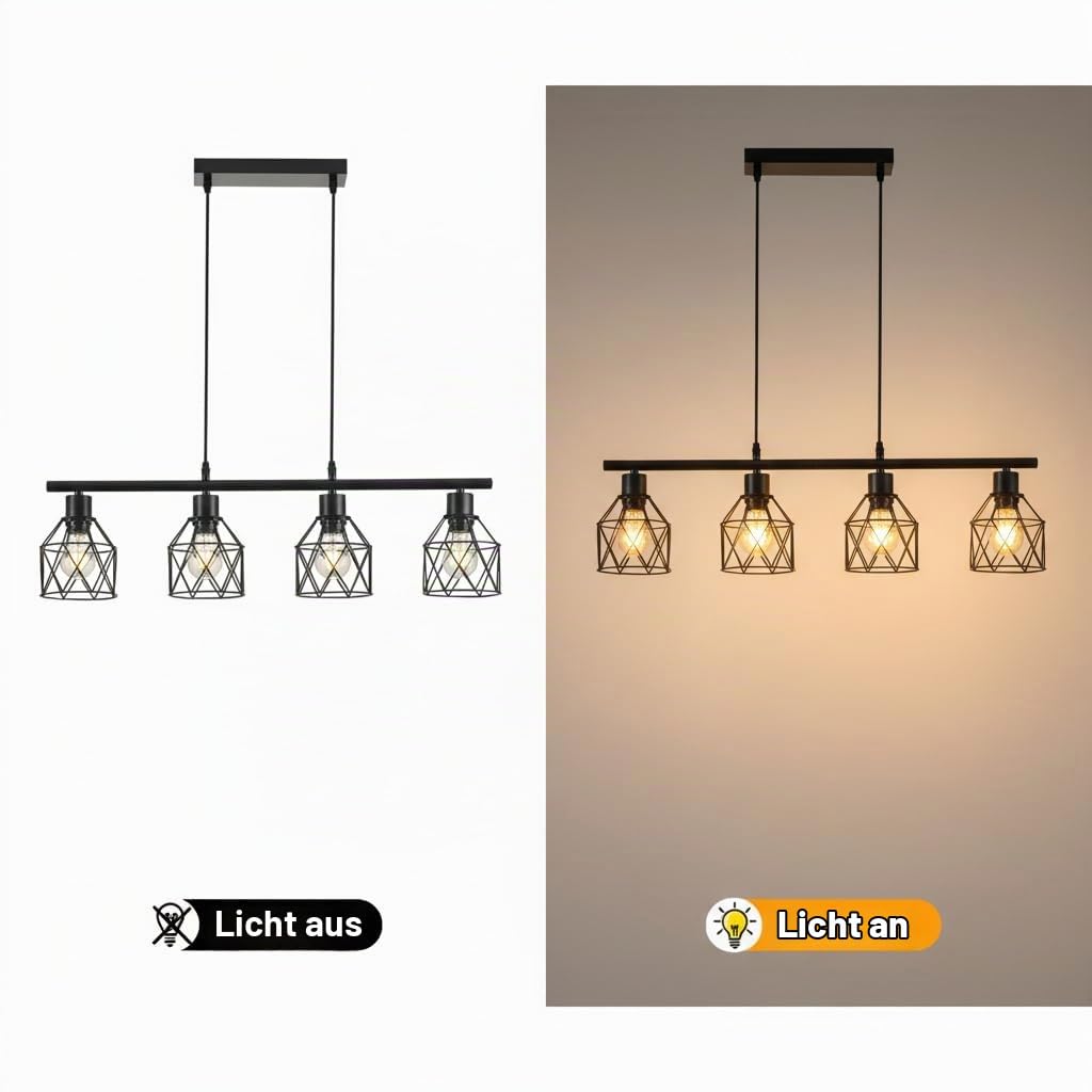 Pendelleuchte Esstisch 4-Flammige, Industrielles Retro Hängelampe Schwarz,Höhenverstellbar Metall Deckenlampe Esszimmer, E27 Fassung, Einfache Montage