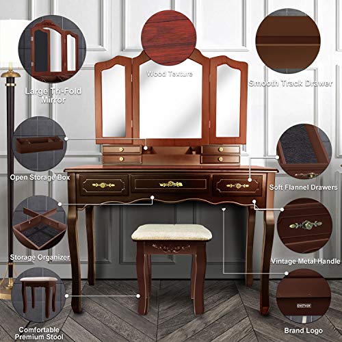 Vanity Beauty Station,Large Tri-Folding Necklace Hooked Mirrors,6 Organization 7 Drawers Makeup Dress Table with Cushioned Stool Set - Espresso