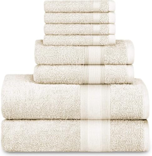 Image of DecorRack 8-Piece Bath Towel Set, Premium Combed Cotton, Highly Absorbent, Super Soft, Quick Dry, 2 Bath Towels, 2 Hand Towels and 4 Washcloths, Ivory Cream (Set of 8)
