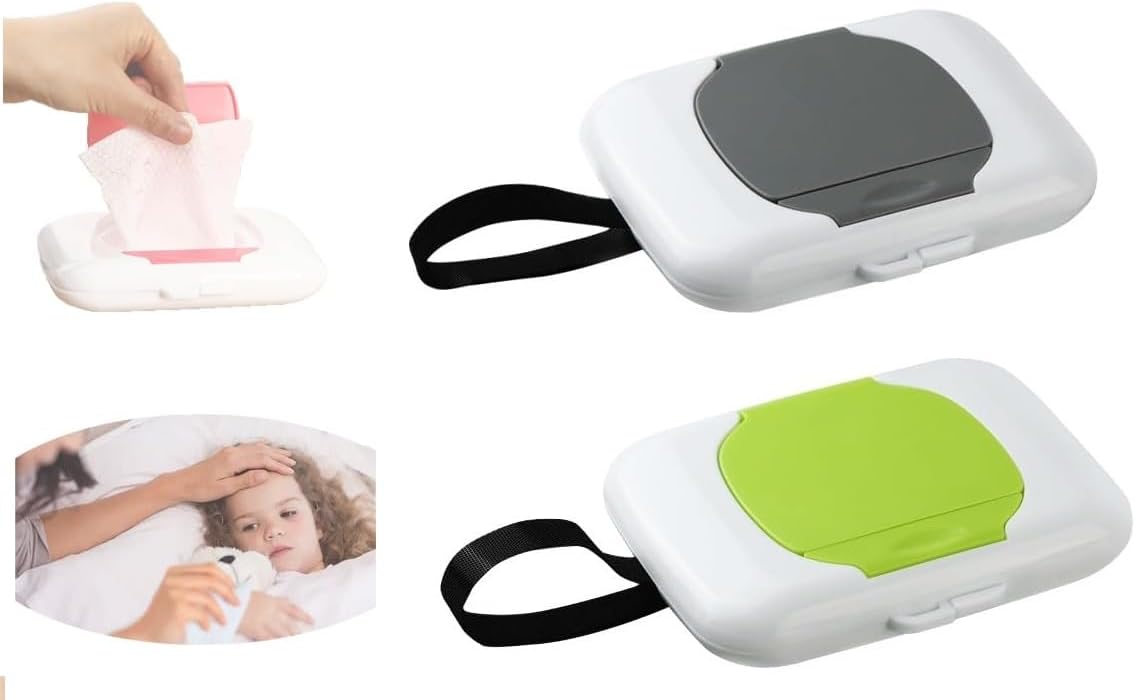 2Pcs Travel Wipe Holder Grey Green Reusable Wet Wipe Container Box Strollers Hanging Wipes Dispensers Wipe Case Safe Wet Storage
