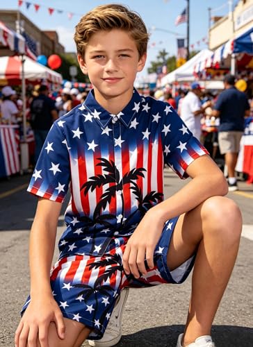 Image of UNICOMIDEA Boys 4th of July Outfits Kids Patriotic Independence Day Tropical Short Sets for 5-12 Years