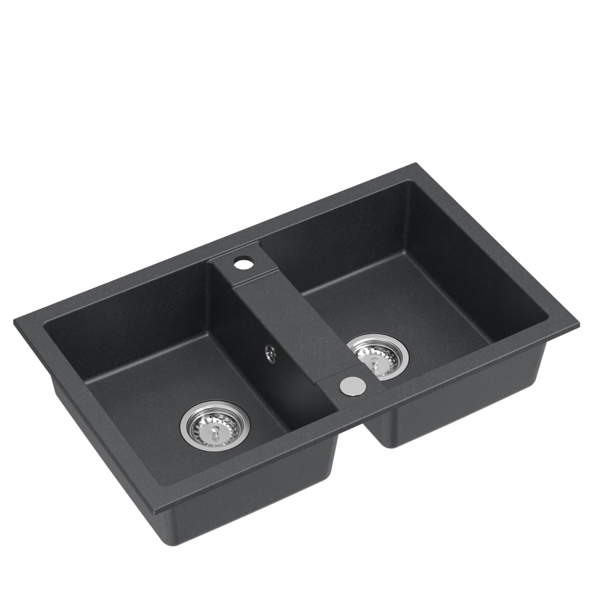 QUADRON Fregadero de cocina de granito, dimensiones: 78 x 48 x 17,5 cm, color: negro, DENZEL 120 Fregadero de cocina de un solo seno, fregadero de cocina de 2 senos, con sifón