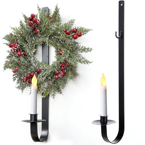 SiliFine 2 Set Christmas Metal Wall Candle Sconce Holder Wall Mount Candle Holder with Berry Wreath for Farmhouse Living Room Entryway Fireplace Bedroom Bathroom Decor, Only Applicable to LED Candles