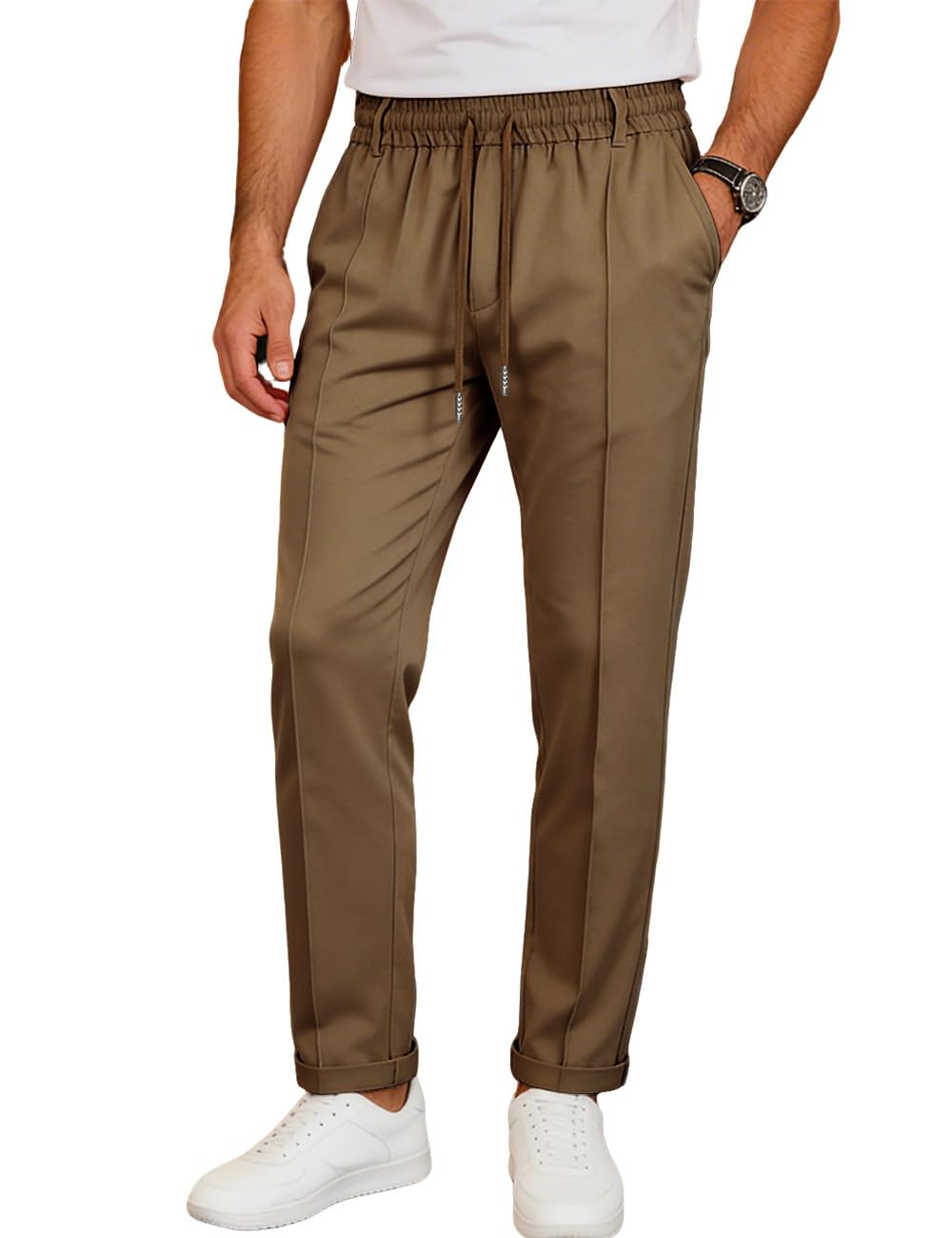 Mens Casual Chino Pants Elastic Waist Lightweight Trousers Classic-Fit Pants with Pockets