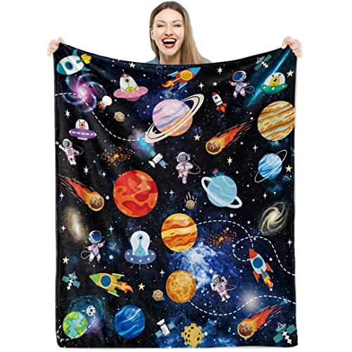 Manta espacial para niños y niños, suave y cálida, mullida, espacio exterior, astronauta, franela, manta de forro polar, cohete planeta, manta para el sofá, 100 x 130 cm