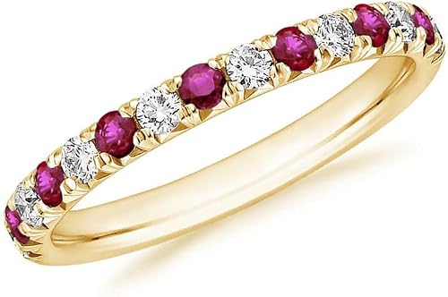 2 mm Ruby & White Diamond Half Eternity Wedding Band For Women, 14k Yellow Gold Finish Ruby Wedding Band, Ladies Alternate Diamond Ring