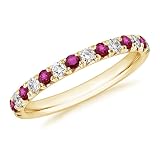 2 mm Ruby & White Diamond Half Eternity Wedding Band For Women, 14k Yellow Gold Finish Ruby Wedding