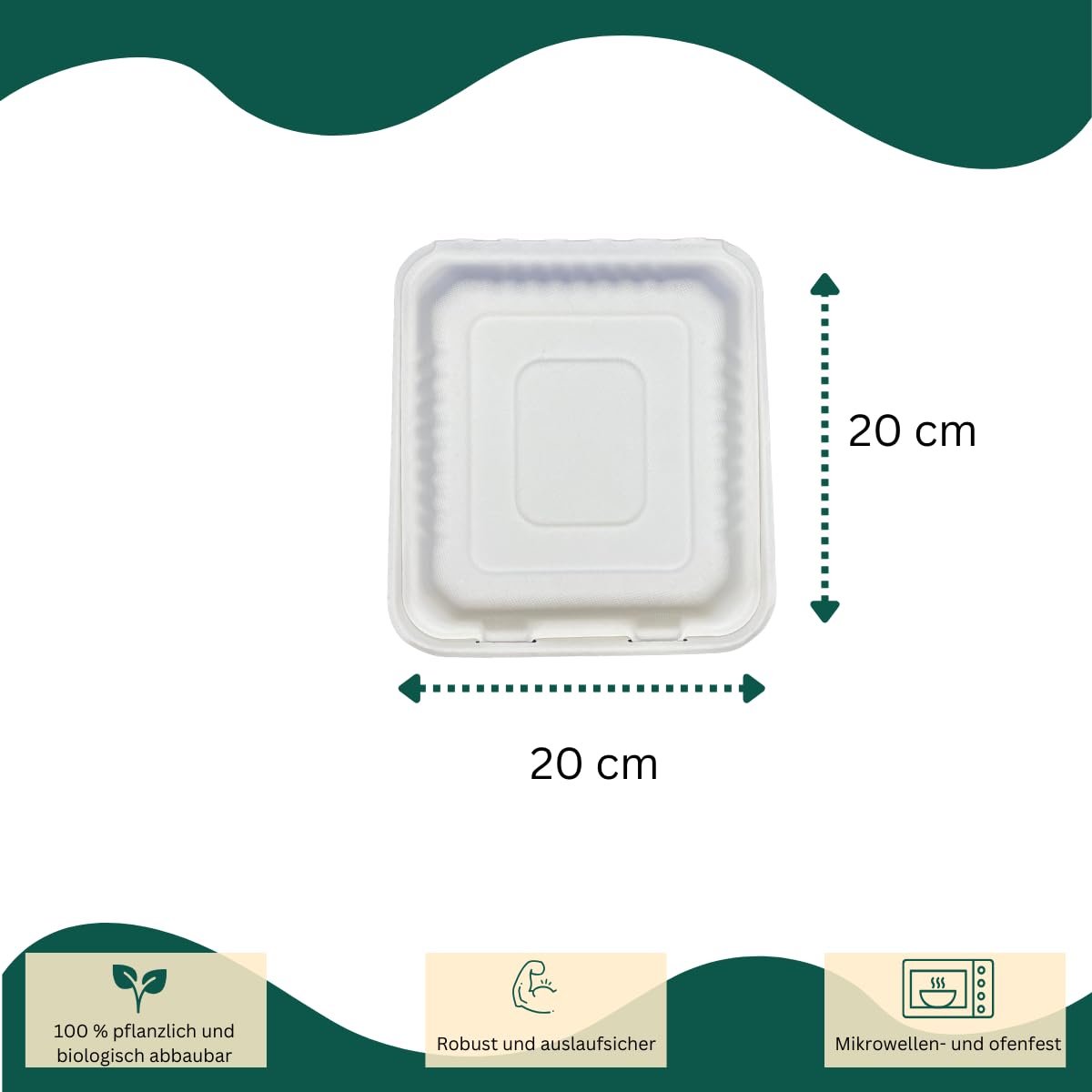 Bio (50 Stück) Bagasse Einweg Warmhalte- Hamburger Box Giant XXL, 200x215x80 mm, weiß Menüboxen un-geteilt, Snackboxen,umweltfreundiche biologischabbaubar Verpackungsboxen (1)