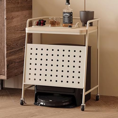 Compact Mobile Robot Vacuum Stand with 360° Wheels, Stylish Black Sweeping Robot Rack & Side Table, Magazine Holder for Living Room, Space-Saving Organizer