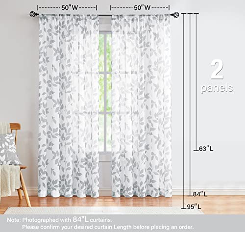 Image of White Grey Leaf Sheer Curtains for Bedroom 63 inch Semi-Sheer Print Leaves Pattern Curtains for Living Room Rustic Linen Textured Window Draperies for Parlor Apartment Dorm Rod Pocket Set of 2