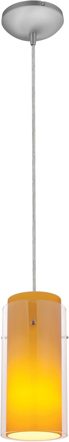 Glass`n Glass Cylinder Pendant - Cord - Brushed Steel Finish - Clear Amber Glass Shade