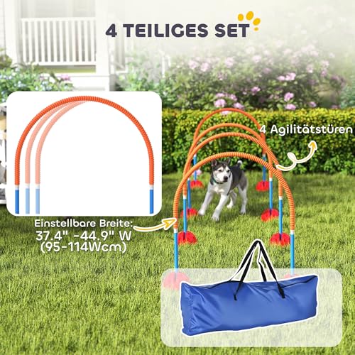 PawHut Agility Set Hunde 4-teiliges Agility-Ausrüstung für Hundetraining mit 4 Türen in Verstellbarer Breite Tragetasche Agilityset für Spiele Training Blau+Orange