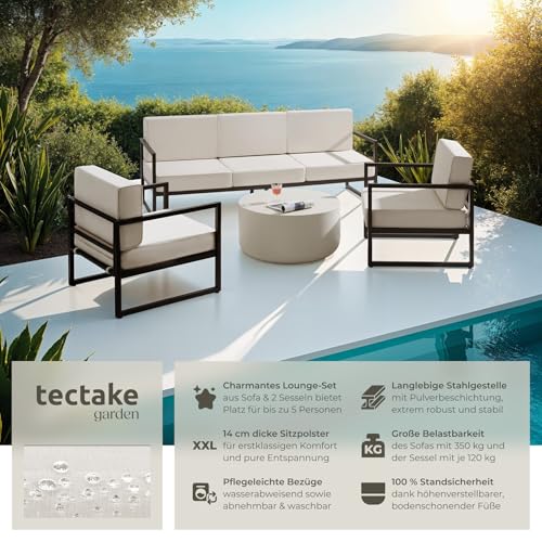 tectake® Gartenlounge Outdoor Set, Sofa 3 Sitzer 2X Gartensessel, Relaxsessel Garten mit Gartenbank, Gartenmöbel, Balkonmöbel… – Ansicht 2