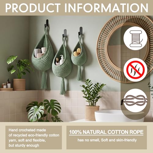 Image of Honeydak 3 Hanging Baskets, Sage Green, Tassel, Cotton Rope
