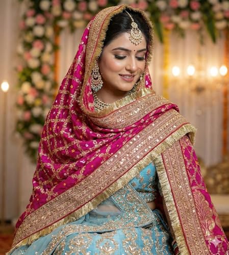 Image of Navti Creations Wedding bridal Dupatta /Chunni in banarasi silk Brocade with Katrina Kaif's Marriage dupatta's Embroidery border and 4 side golden Kiran