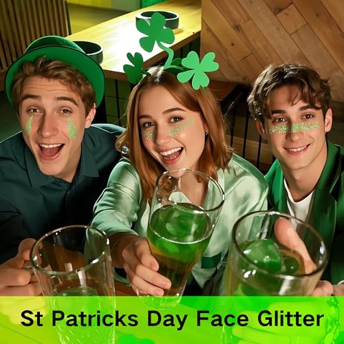 Paminify Green Face Glitter Gel,St Patricks Day Body Hair Glitter,Self-Adhesive Holographic Chunky Shamrock Green Glitter, St Patrick\'s Day Accessories for Women,Rave Festival Carnival Makeup - Thumbnail 3