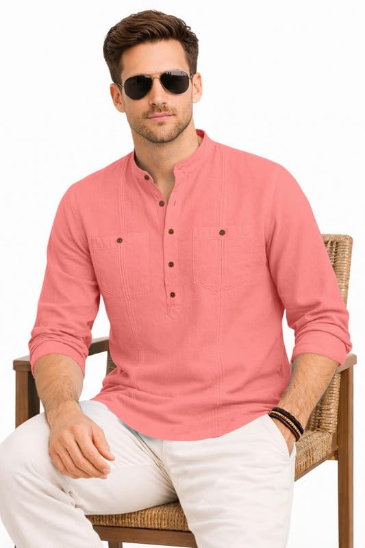 Image of ROYALSCOUT Men's Cotton Polyester Blend Kurta Style Shirt with Mandarin Collar, Half Button Placket, Dual Chest Pockets, Long Sleeve Casual Ethnic Fusion Wear for Office, Festive and Daily Use