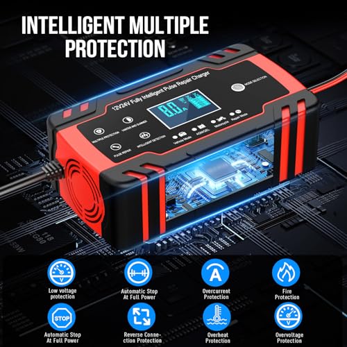 Miniatura 5 de 8A 12V/4A 24V Cargador de Batería de Coche,Cargador de Batería Inteligente para Moto con Función de Reparación,Múltiples Protecciones,para Auto, Moto,Camión,AGM,Gel,Wet, SLA
