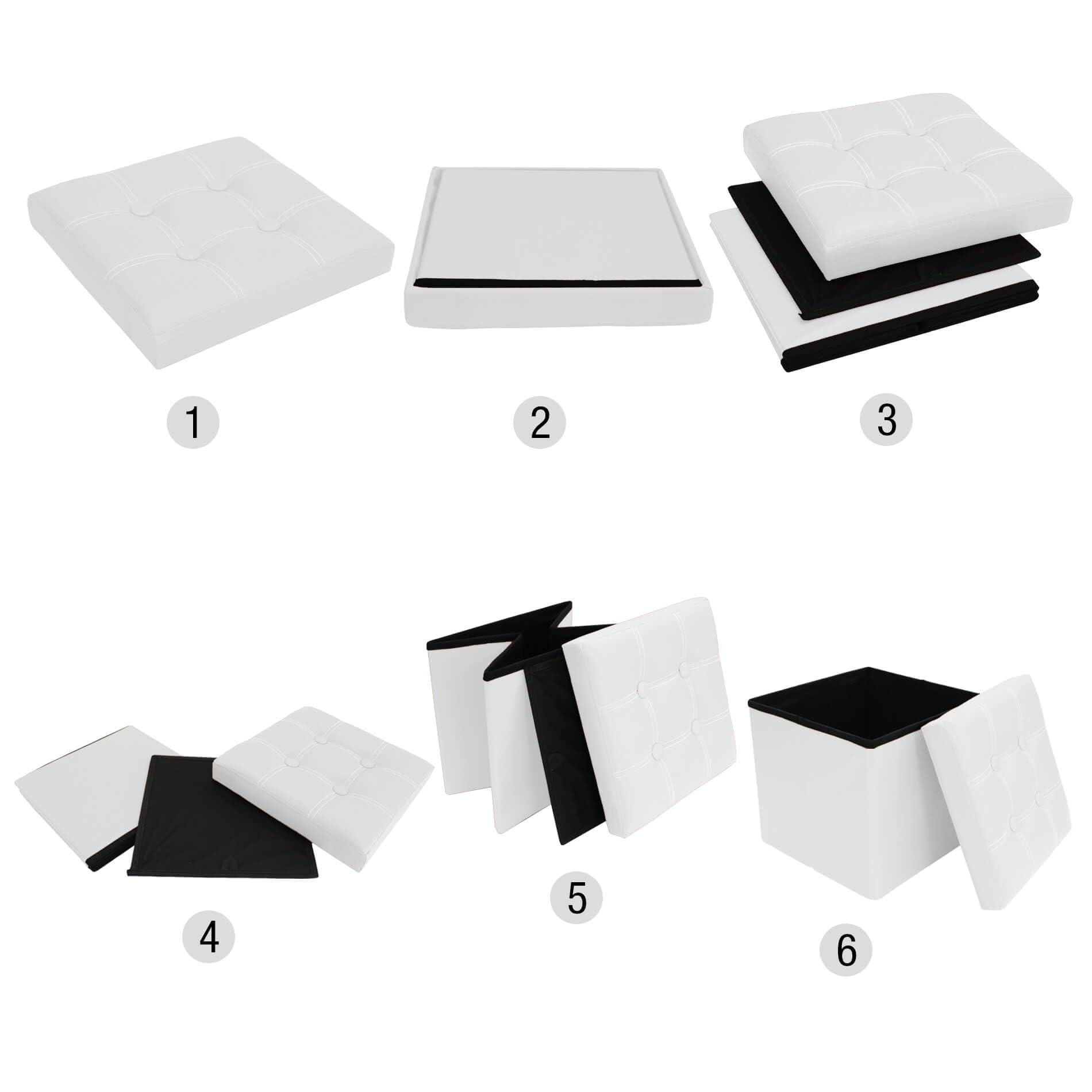 Rebecca Mobili RE4256 - Pouf Contenitore e imbottito, in Finta Pelle, Pieghevole, Bianco, 30 x 30 x 30 cm