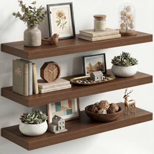 Image of Fun Memories Floating Shelves for Wall, 3 Pack 36 Inch Long Floating Shelves, 36 x 12 Wooden Shelves for Wall, Large Storage Shelves, Hanging Shelves for Bathroom Bedroom Kitchen, Walnut